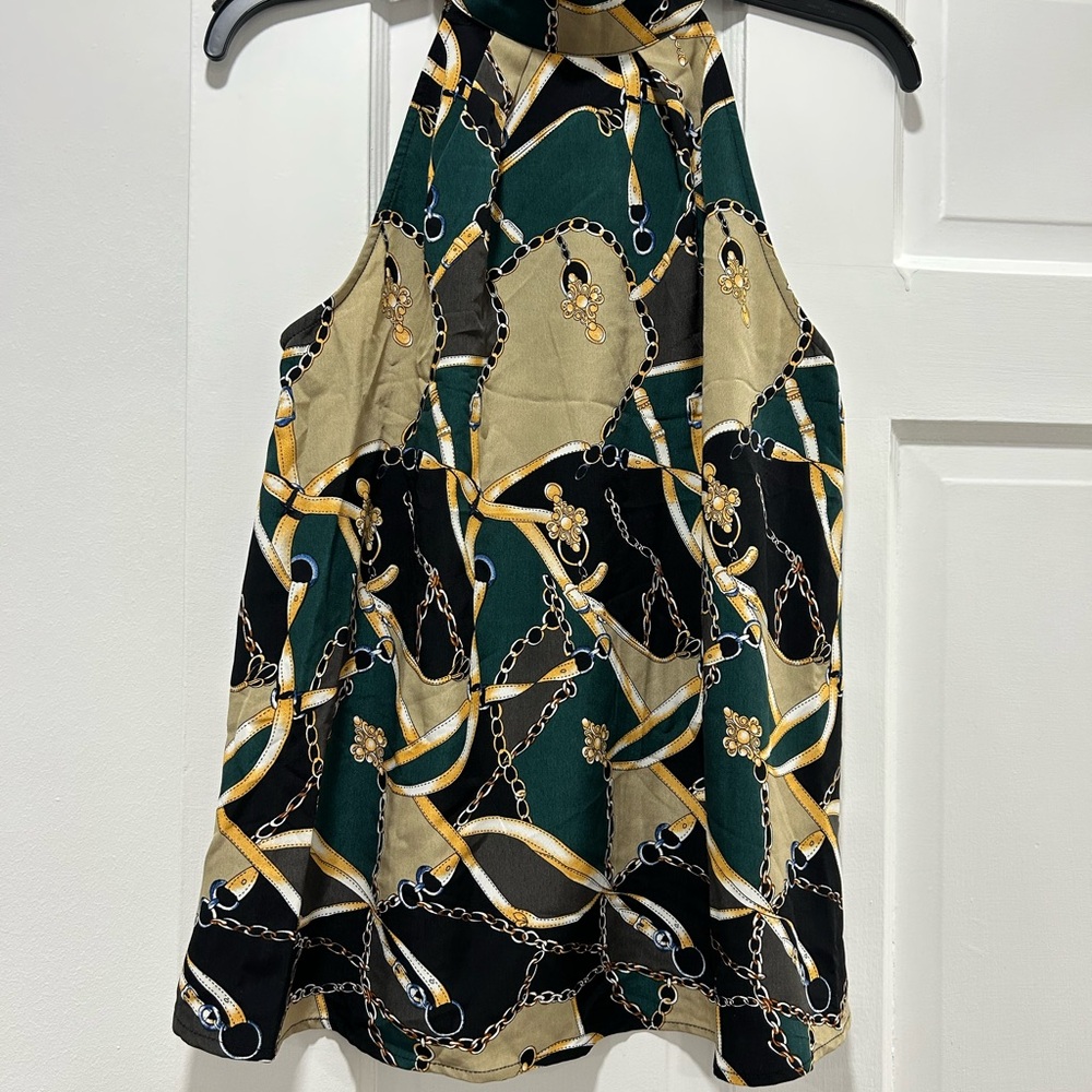 ReVamped Chain Print Halter Top Sleeveless Blouse Green Gold XS NWT